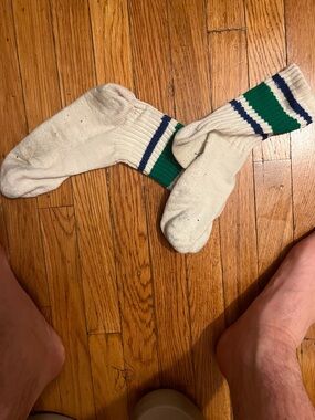 Men's Cream Athletic Crew Socks with Green & Navy Stripes